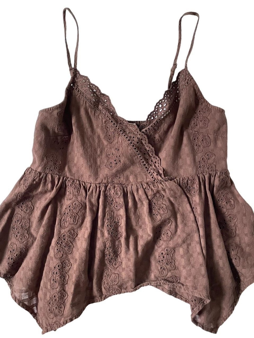 American Eagle Brown Eyelet Lace Trim Spaghetti Strap Women's Top